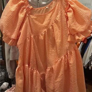 Orange and White Gingham Puff Sleeve Dress